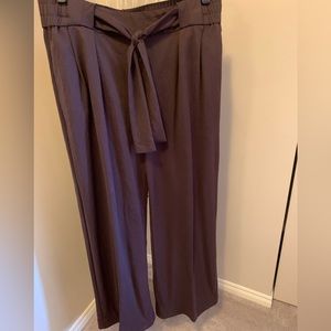 Brown wide-leg dress pants with elastic waist, tie front